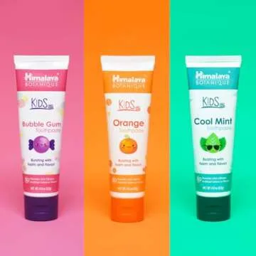 Himalaya Botanique Kids Toothpaste, Herbal, Cool Mint, Bubble Gum and Orange Flavor, Fights Plaque, Fluoride Free, No Artificial Flavors or Colors, SLS Free, Gluten Free, Vegan, 4 Oz, Variety 3 Pack…