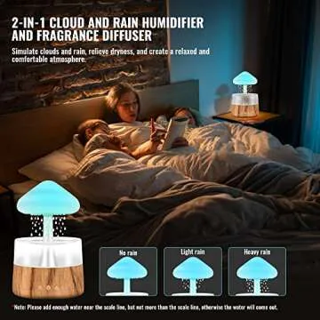 Rain Humidifier with 5 Essential Oils, Mushroom Humidifier with 7 Changing Colors Night Lights, Rain Sound Cloud Humidifier Water Drip Desk Bedside Water Drop Sound, Wood