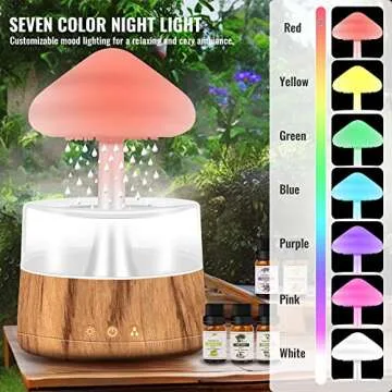 Rain Humidifier with 5 Essential Oils, Mushroom Humidifier with 7 Changing Colors Night Lights, Rain Sound Cloud Humidifier Water Drip Desk Bedside Water Drop Sound, Wood