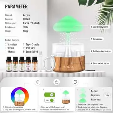 Rain Humidifier with 5 Essential Oils, Mushroom Humidifier with 7 Changing Colors Night Lights, Rain Sound Cloud Humidifier Water Drip Desk Bedside Water Drop Sound, Wood
