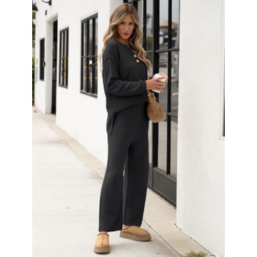 ANRABESS Women 2 Piece Outfits Oversized Loose Waffle Knit Sweater Set 2024 Fall Trendy Matching Lounge Sets Cozy Clothes black X-Large