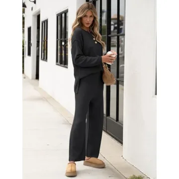 ANRABESS Women 2 Piece Outfits Oversized Loose Waffle Knit Sweater Set 2024 Fall Trendy Matching Lounge Sets Cozy Clothes black X-Large