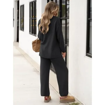 ANRABESS Women 2 Piece Outfits Oversized Loose Waffle Knit Sweater Set 2024 Fall Trendy Matching Lounge Sets Cozy Clothes black X-Large