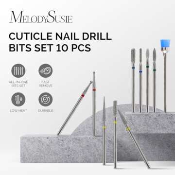 MelodySusie 10pcs Nail Drill Bits Set, 3/32 Inch Diamond Cuticle Nail Bits Kit for Nail Drill E-File...