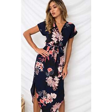 ECOWISH Womens Dresses Summer Casual V-Neck Floral Print Geometric Pattern Belted Dress Black Small