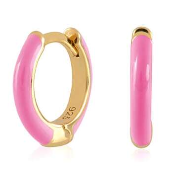 14K Gold Plated Sterling Silver Enamel Color Huggie Hoop Earrings for Women – Candy Pink Enamel