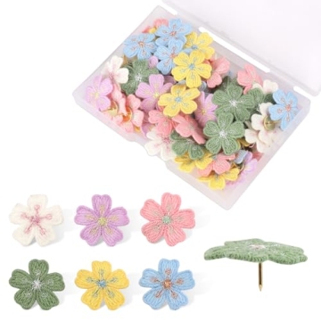 60pcs Flower Push Pins, Embroidered Gold Edge Flower Thumb Tacks Cute Decorative Push Pins Colored F...
