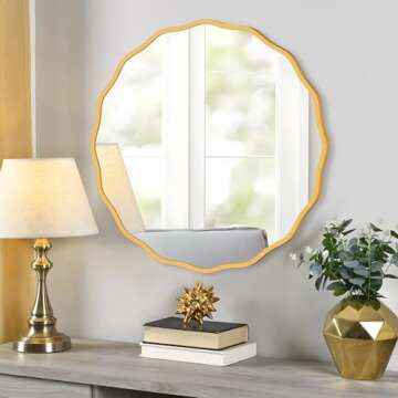 FUWU HOME Round Mirror for Wall Decorative 20 inch Modern Gold Wavy Mirror Whit Wood Frame Circle Wa...