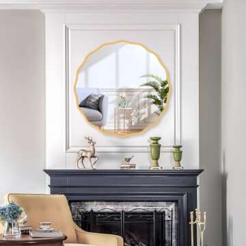 FUWU HOME Round Mirror for Wall Decorative 20 inch Modern Gold Wavy Mirror Whit Wood Frame Circle Wall Mirror for Bathroom Bedroom Living Room Home House Office Entryway
