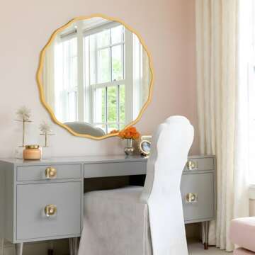 FUWU HOME Round Mirror for Wall Decorative 20 inch Modern Gold Wavy Mirror Whit Wood Frame Circle Wall Mirror for Bathroom Bedroom Living Room Home House Office Entryway