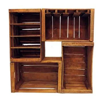 fruit crates, wine rack, bookshelves, different style of rustic wood to build a wine bar using vintage crates.