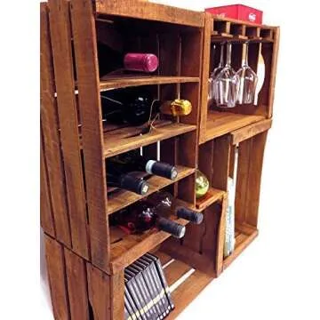 fruit crates, wine rack, bookshelves, different style of rustic wood to build a wine bar using vintage crates.