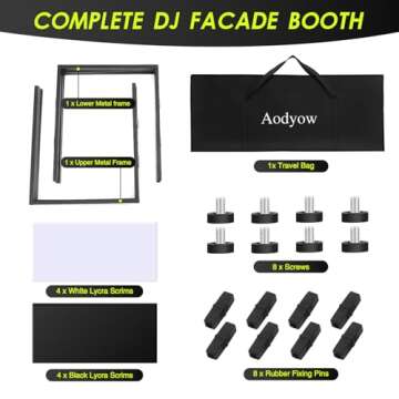 Aodyow DJ Stand,DJ Facade Booth Portable Event Cover Screen with Foldable 4 Detachable Metal Frame Light Projector Display Scrim Panel Stand with Carry Bag for Show,Party,Gathering(White and Black)