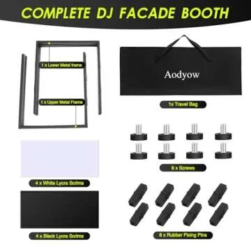 Aodyow DJ Stand,DJ Facade Booth Portable Event Cover Screen with Foldable 4 Detachable Metal Frame Light Projector Display Scrim Panel Stand with Carry Bag for Show,Party,Gathering(White and Black)