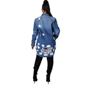 Hotheart Women's Long Sleeve Lapel Button Ripped Distressed Holes Bodycon Sexy Nightclub Party Denim Dress (Small, AO-Blue)