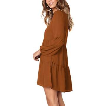 FOWSMON Women's Tunic Dress Cute Printed V Neck Long Sleeve Casual Swing Ruffle Dress