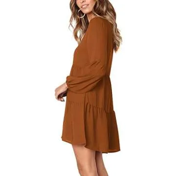 FOWSMON Women's Tunic Dress Cute Printed V Neck Long Sleeve Casual Swing Ruffle Dress