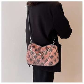 2022 New Leopard Print Plush Shoulder Cross-body Bag Fashion Chain One-shoulder Armpit Tote Y2K Purse Hobo Bag (Khaki)