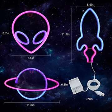 CooSilo Neon Signs - 3 Pack Rocket Alien Planet Neon Lights for Wall Decor, USB or Battery Operated LED Light Signs for Bedroom, Christmas, Wedding, Bar, Birthday Party, Living Room, Kids Room