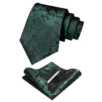 JEMYGINS Dark Green Paisley Tie Wedding Business Silk Necktie and Pocket Square, Hankerchief with Ti...