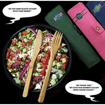 Caring Planet Bamboo Cutlery - Reusable Bamboo Cutlery set with portable case. Sustainable, Natural ...