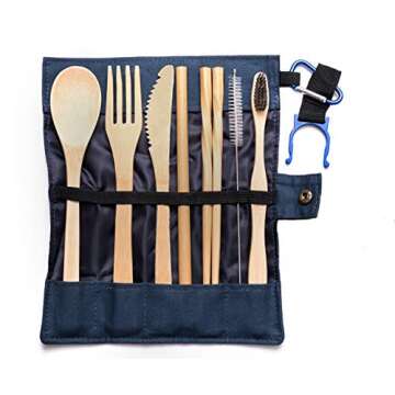 Caring Planet Bamboo Cutlery - Reusable Bamboo Cutlery set with portable case. Sustainable, Natural and Eco-Friendly. Great to-go Bamboo utensil set. 7 pcs (Blue)