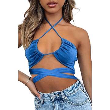 CHYRII Women's Sexy Halter Criss Cross Crop Tops Sleeveless Going Out Tank Tops Blue S