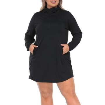 Plus Size Swim Coverup Dress with Hood UPF 50 Black
