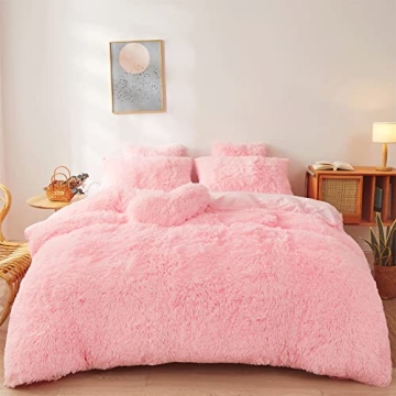 Fluffy Pink Twin Size Comforter Cover - Ultra Soft Plush Bedding Set With Faux Fur and Fuzzy Pillowc...