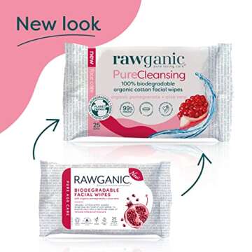 Rawganic Anti-aging Hydrating Facial wipes, Fragrance-free Biodegradable Organic Cotton Wipes with Pomegranate and Aloe Vera (set of 4)