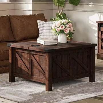 WAMPAT Square Farmhouse Coffee Table with Storage for Living Room, 30x30 inch Wooden Dining Center Table with Gas Spring Flip-Top for Large Hidden Storage, Metal Wrapped Table Corners,Rustic Brown