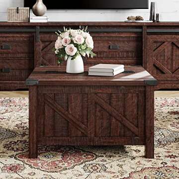 WAMPAT Square Farmhouse Coffee Table with Storage for Living Room, 30x30 inch Wooden Dining Center Table with Gas Spring Flip-Top for Large Hidden Storage, Metal Wrapped Table Corners,Rustic Brown