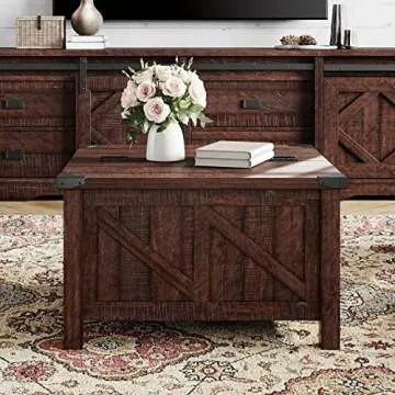 WAMPAT Square Farmhouse Coffee Table with Storage for Living Room, 30x30 inch Wooden Dining Center Table with Gas Spring Flip-Top for Large Hidden Storage, Metal Wrapped Table Corners,Rustic Brown