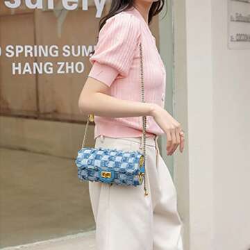 Checkerboard Shoulder Bag for Women Denim Retro Classic Purse Clutch Shoulder HandBag 20