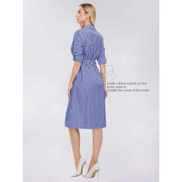 EXLURA Women's Long Sleeve Striped Button Down Shirt Dress with Pockets 2024 Fall Midi Dresses Business Casual Outfit