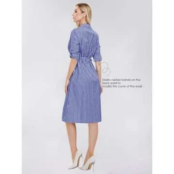 EXLURA Women's Long Sleeve Striped Button Down Shirt Dress with Pockets 2024 Fall Midi Dresses Business Casual Outfit