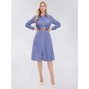 EXLURA Women's Long Sleeve Striped Button Down Shirt Dress with Pockets 2024 Fall Midi Dresses Business Casual Outfit
