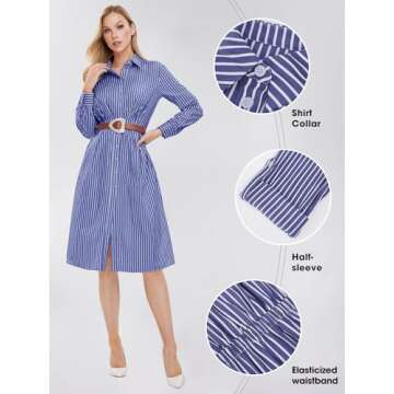 EXLURA Women's Long Sleeve Striped Button Down Shirt Dress with Pockets 2024 Fall Midi Dresses Business Casual Outfit