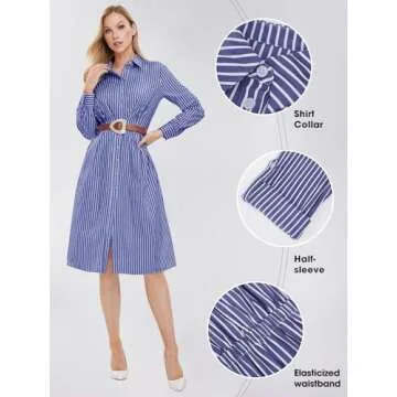 EXLURA Women's Long Sleeve Striped Button Down Shirt Dress with Pockets 2024 Fall Midi Dresses Business Casual Outfit