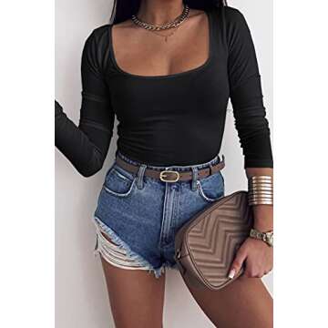 Jeanewpole1 Womens Square Neck Long Sleeve T-Shirt Basic Slim Fitted Solid Tops Black