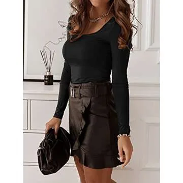 Jeanewpole1 Womens Square Neck Long Sleeve T-Shirt Basic Slim Fitted Solid Tops Black