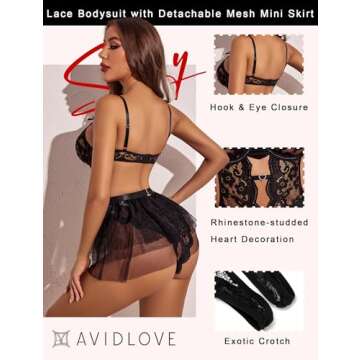 Avidlove Lingerie for Women Lace Bodysuit with Detachable Mesh Mini Skirt Push Up Teddy Lingerie Set