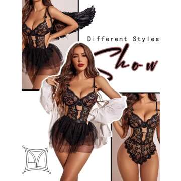 Avidlove Lingerie for Women Lace Bodysuit with Detachable Mesh Mini Skirt Push Up Teddy Lingerie Set