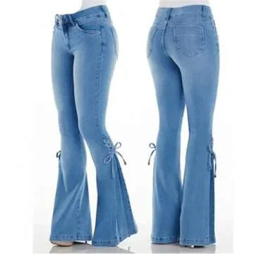 Andongnywell Lace-up Bell Bottom Pants Jeans for Women Mid Waisted Wide Leg Bootcut Slim Denim Pants Trousers Blue