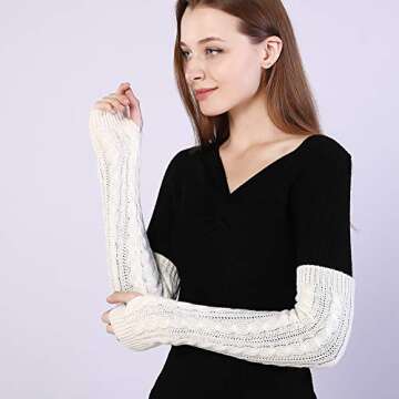 Bellady Womens Lady's Fingerless Design Thumb Hole Arm Warmer Gloves, White