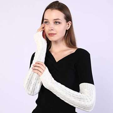 Bellady Womens Lady's Fingerless Design Thumb Hole Arm Warmer Gloves, White