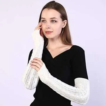 Bellady Womens Lady's Fingerless Design Thumb Hole Arm Warmer Gloves, White