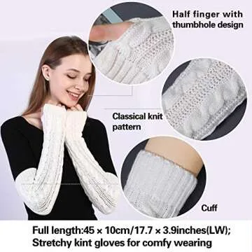 Bellady Womens Lady's Fingerless Design Thumb Hole Arm Warmer Gloves, White