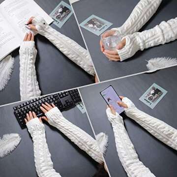 Bellady Womens Lady's Fingerless Design Thumb Hole Arm Warmer Gloves, White