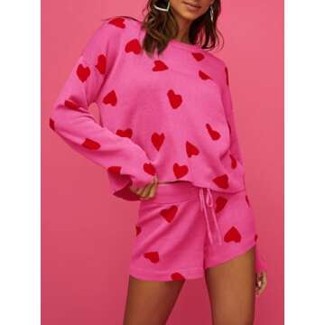 Saodimallsu Women’s Valentine's Day Pajama Set Hearts Print Lounge Sets Long Sleeve Sweater and Sh...